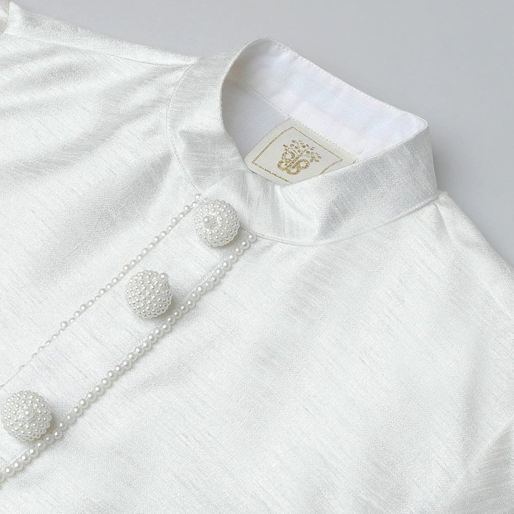 White Kurta Pyjama Set with Baby Pink Raw Silk Embroidered Jacket for Boys - BYB PREMIUM