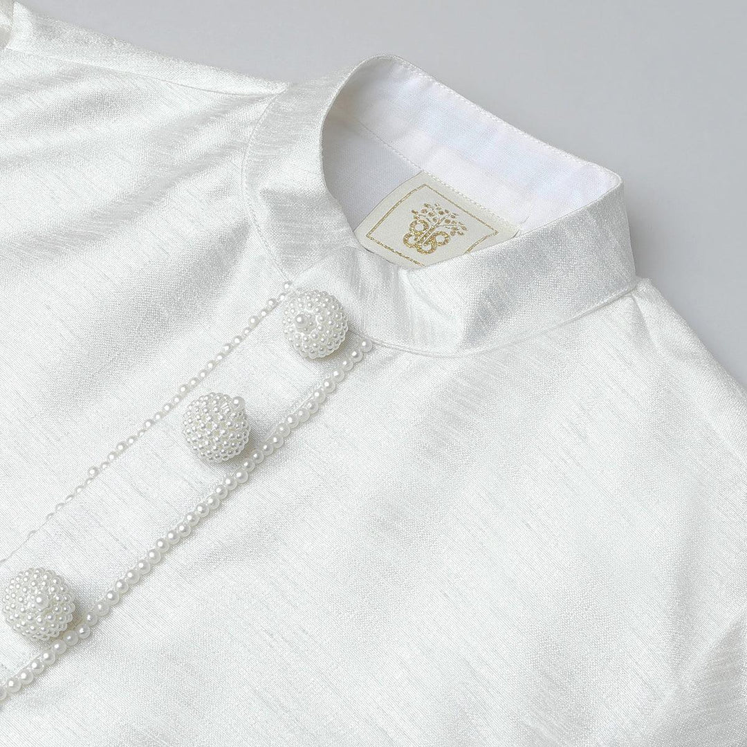 White Kurta Pyjama Set with Baby Pink Raw Silk Embroidered Jacket for Boys - BYB PREMIUM