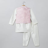 White Kurta Pyjama Set with Baby Pink Raw Silk Embroidered Jacket for Boys - BYB PREMIUM