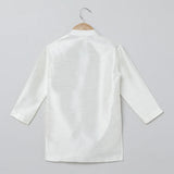 White Kurta Pyjama Set with Baby Pink Raw Silk Embroidered Jacket for Boys - BYB PREMIUM