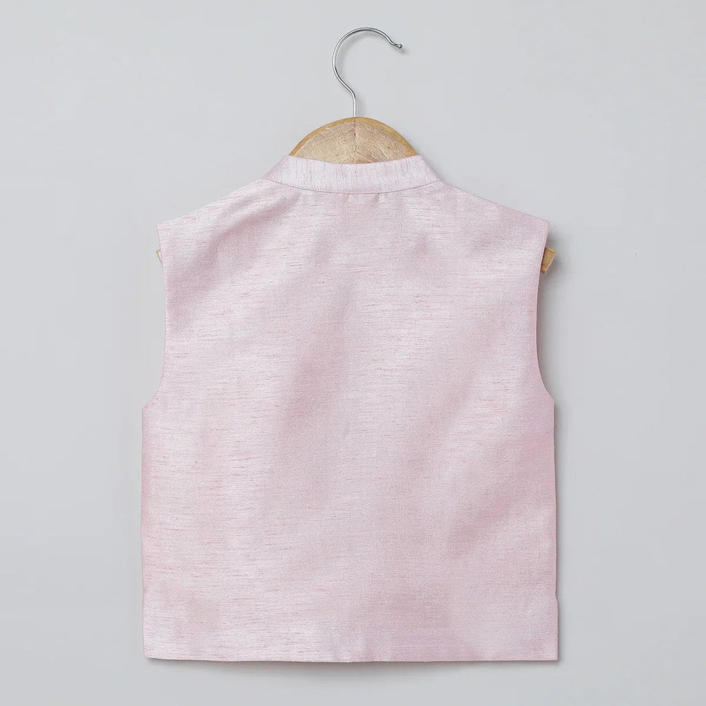 White Kurta Pyjama Set with Baby Pink Raw Silk Embroidered Jacket for Boys - BYB PREMIUM