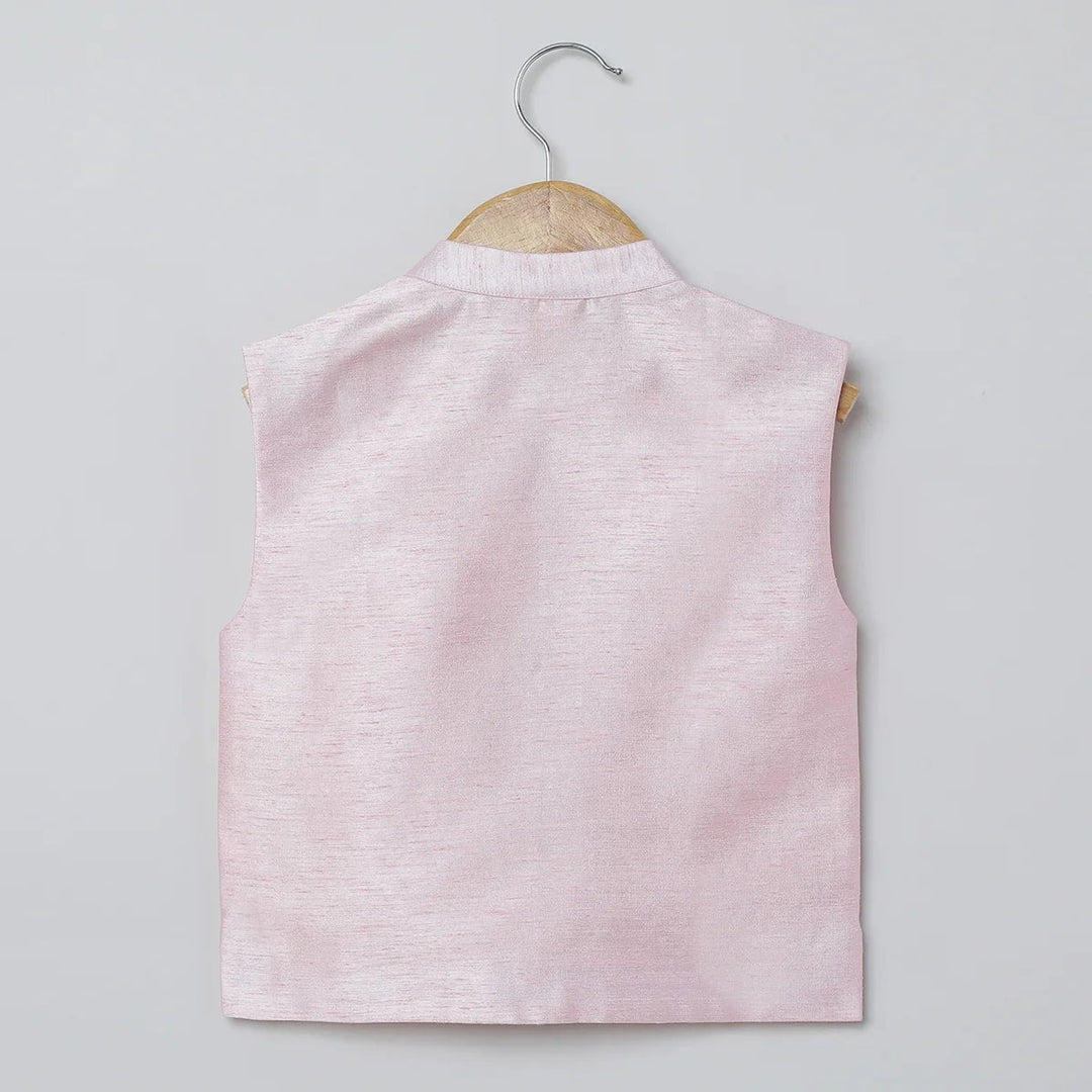 White Kurta Pyjama Set with Baby Pink Raw Silk Embroidered Jacket for Boys - BYB PREMIUM