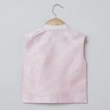White Kurta Pyjama Set with Baby Pink Raw Silk Embroidered Jacket for Boys - BYB PREMIUM