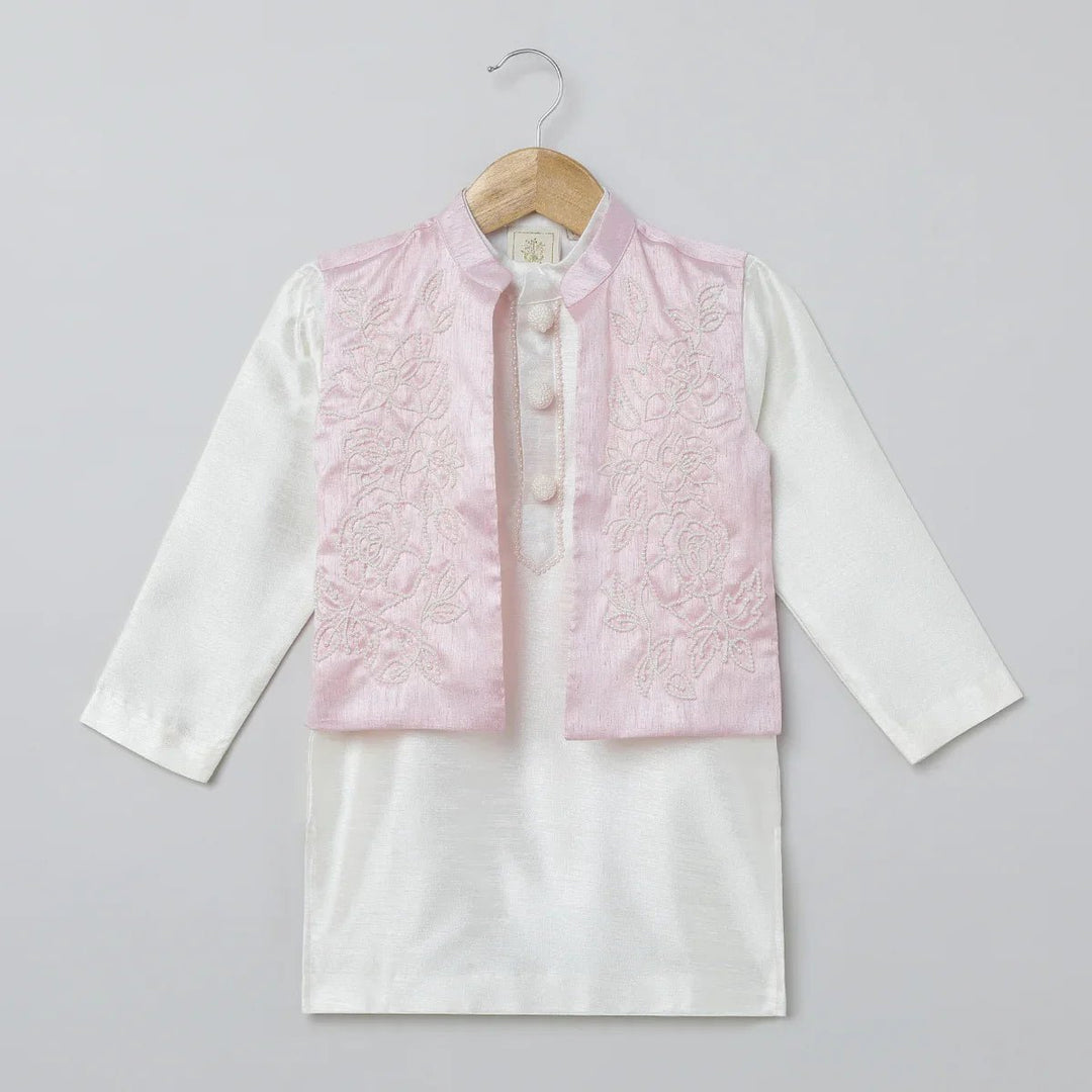 White Kurta Pyjama Set with Baby Pink Raw Silk Embroidered Jacket for Boys - BYB PREMIUM