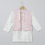 Load image into Gallery viewer, White Kurta Pyjama Set with Baby Pink Raw Silk Embroidered Jacket for Boys - BYB PREMIUM
