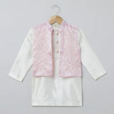 White Kurta Pyjama Set with Baby Pink Raw Silk Embroidered Jacket for Boys - BYB PREMIUM