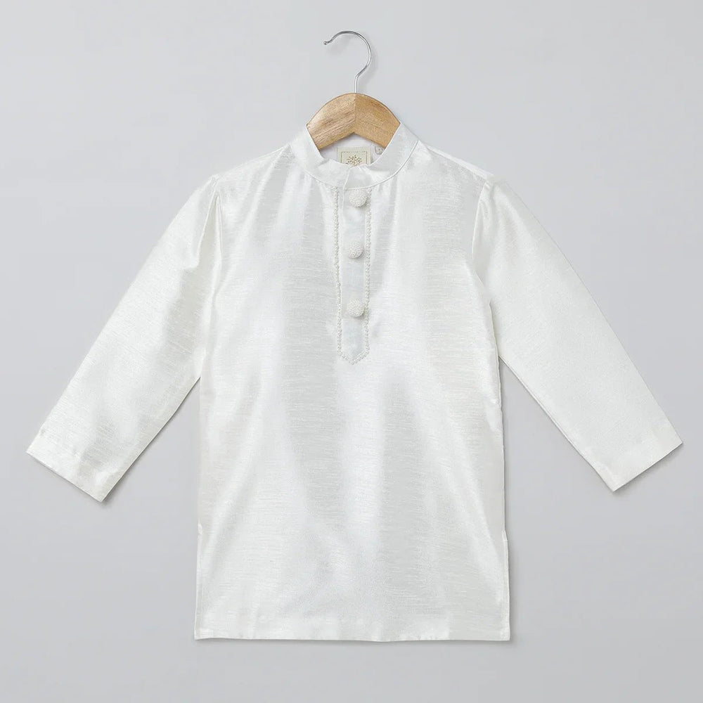 White Kurta Pyjama Set with Baby Pink Raw Silk Embroidered Jacket for Boys - BYB PREMIUM