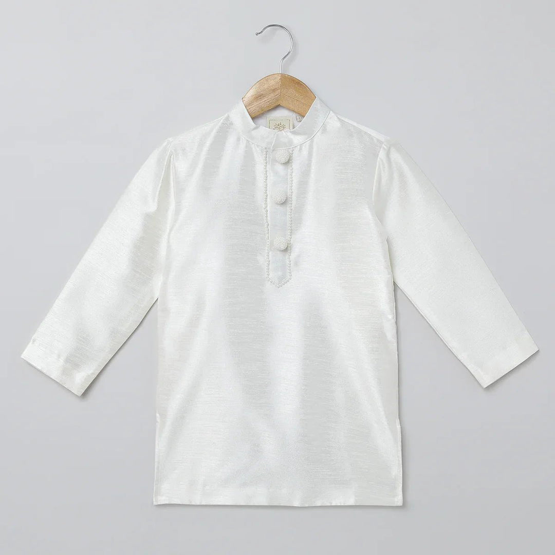 White Kurta Pyjama Set with Baby Pink Raw Silk Embroidered Jacket for Boys - BYB PREMIUM