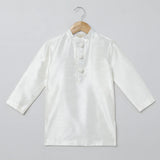 White Kurta Pyjama Set with Baby Pink Raw Silk Embroidered Jacket for Boys - BYB PREMIUM