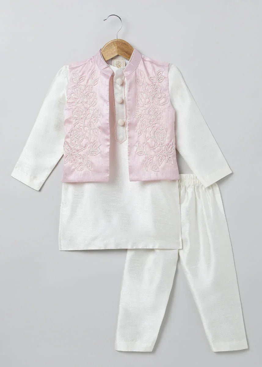 White Kurta Pyjama Set with Baby Pink Raw Silk Embroidered Jacket for Boys - BYB PREMIUM