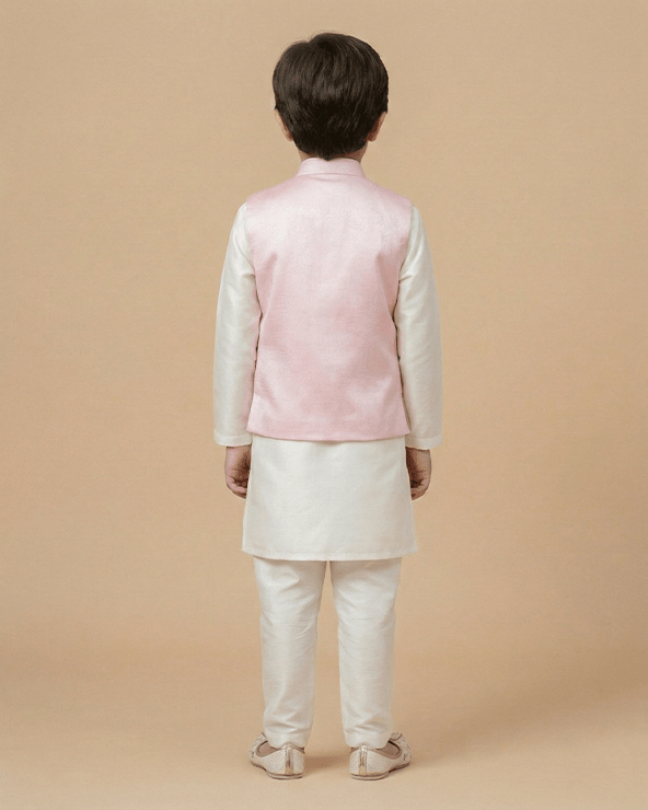 White Kurta Pyjama Set with Baby Pink Raw Silk Embroidered Jacket for Boys - BYB PREMIUM