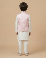 Load image into Gallery viewer, White Kurta Pyjama Set with Baby Pink Raw Silk Embroidered Jacket for Boys - BYB PREMIUM
