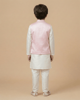 White Kurta Pyjama Set with Baby Pink Raw Silk Embroidered Jacket for Boys - BYB PREMIUM