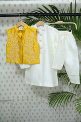 White Kurta Pyjama Set with Yellow Raw Silk Embroidered Jacket for Boys - BYB PREMIUM
