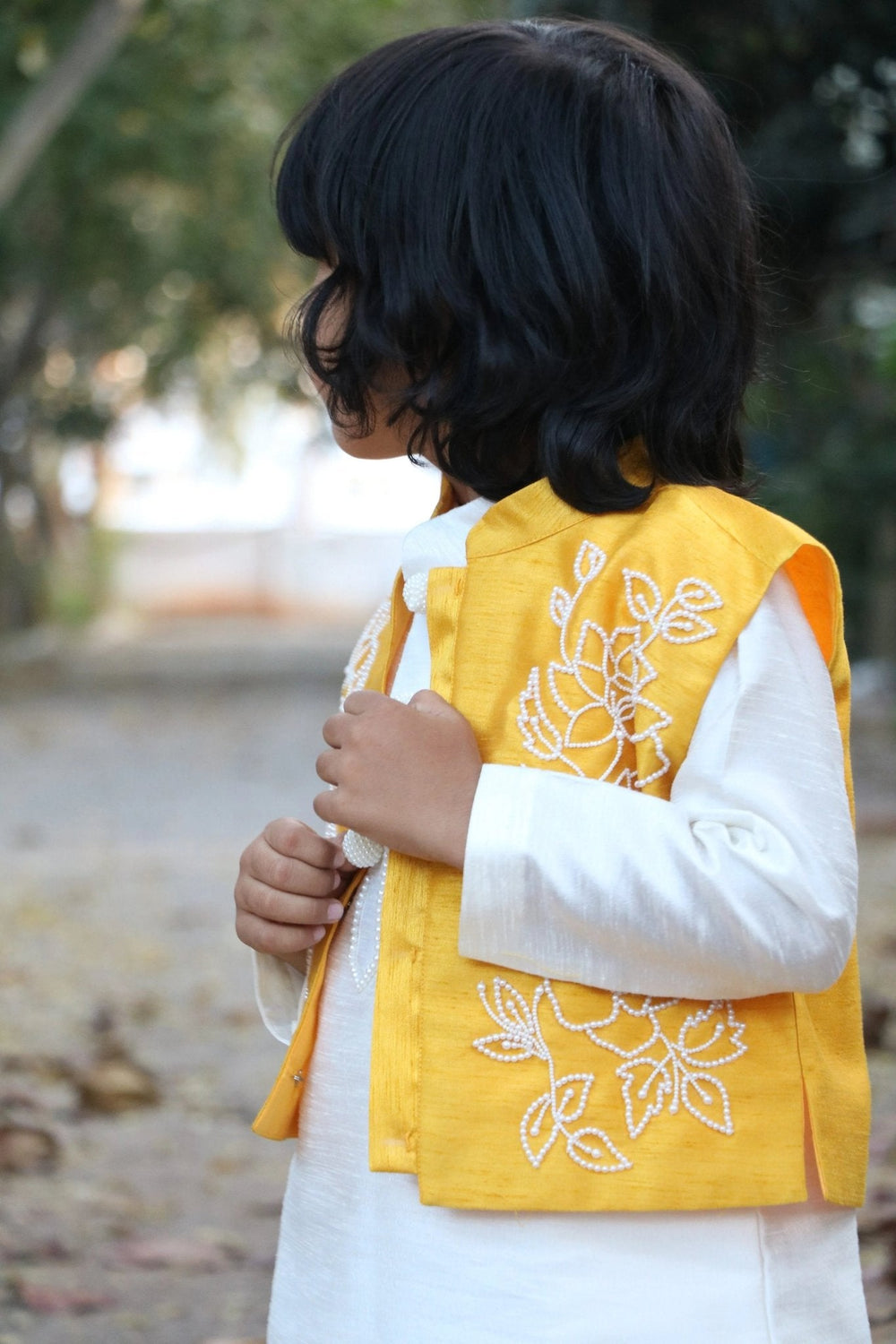 White Kurta Pyjama Set with Yellow Raw Silk Embroidered Jacket for Boys - BYB PREMIUM