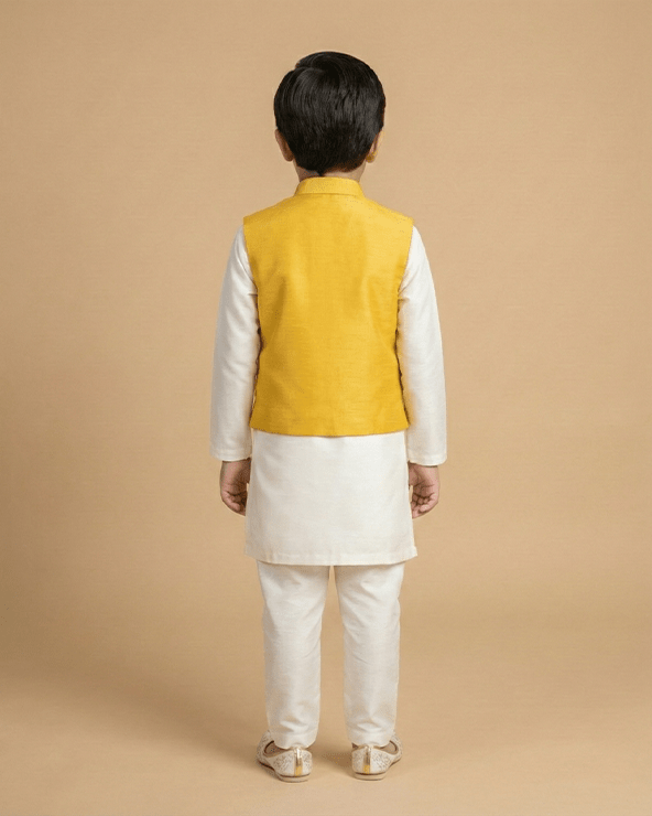 White Kurta Pyjama Set with Yellow Raw Silk Embroidered Jacket for Boys - BYB PREMIUM