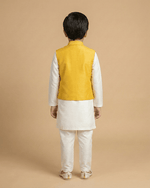 Load image into Gallery viewer, White Kurta Pyjama Set with Yellow Raw Silk Embroidered Jacket for Boys - BYB PREMIUM
