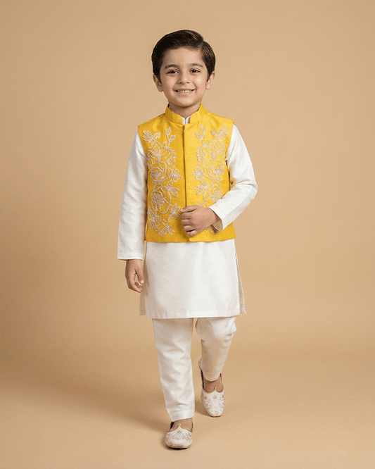 White Kurta Pyjama Set with Yellow Raw Silk Embroidered Jacket for Boys - BYB PREMIUM