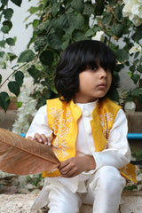White Kurta Pyjama Set with Yellow Raw Silk Embroidered Jacket for Boys - BYB PREMIUM