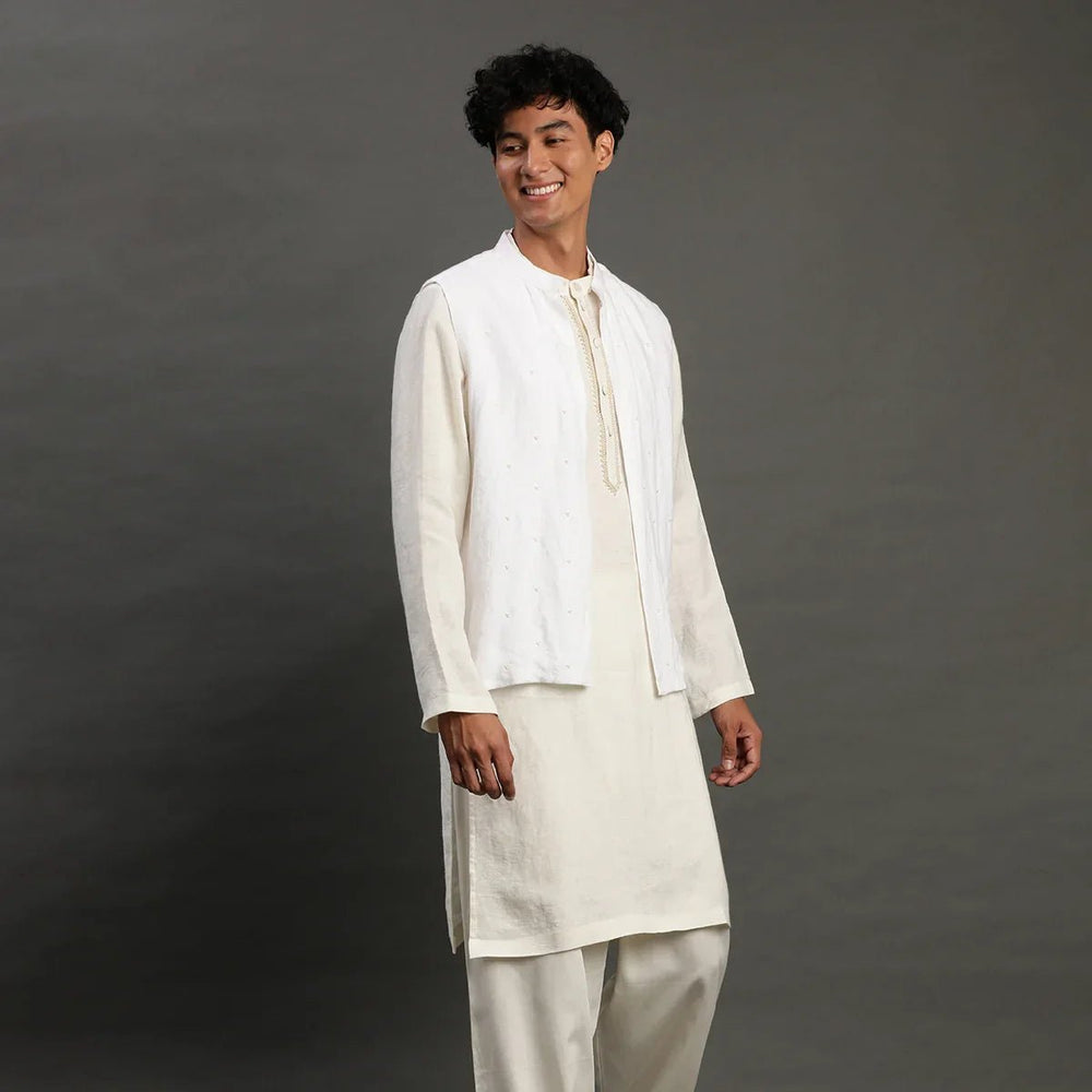 White Linen Kurta Set with Embroidered Jacket - BYB PREMIUM