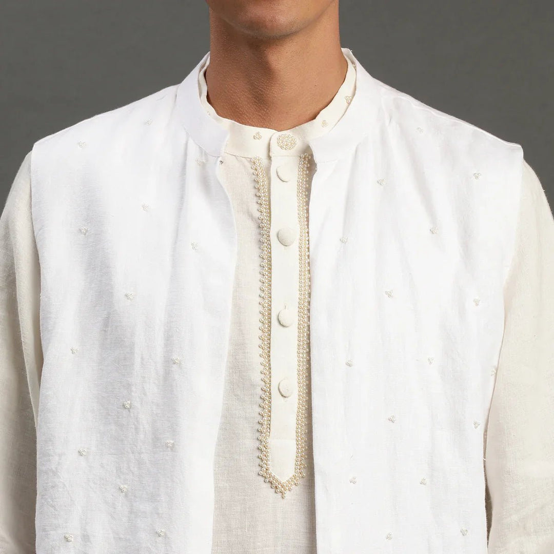White Linen Kurta Set with Embroidered Jacket - BYB PREMIUM