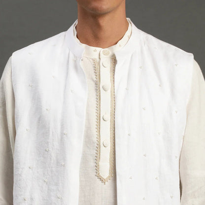 White Linen Kurta Set with Embroidered Jacket - BYB PREMIUM