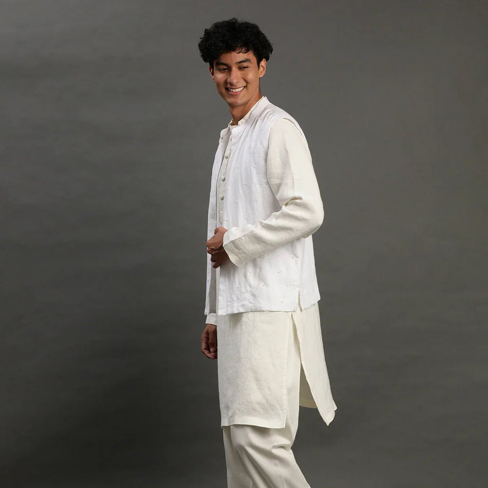 White Linen Kurta Set with Embroidered Jacket - BYB PREMIUM