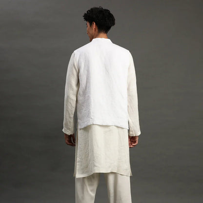 White Linen Kurta Set with Embroidered Jacket - BYB PREMIUM