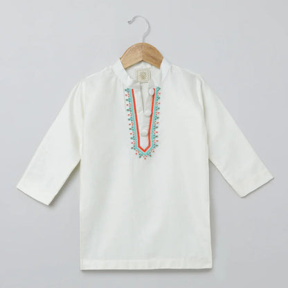 White Multicolor Embroidered Kurta Pyjama Set for Boys - BYB PREMIUM