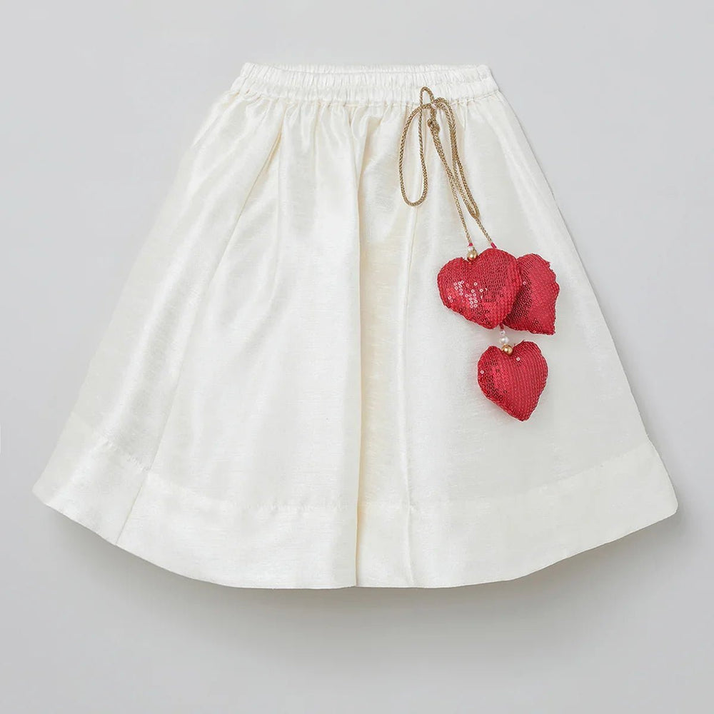 White Raw Silk Top Skirt Set for Girls with Red Heart Embroidery - BYB PREMIUM