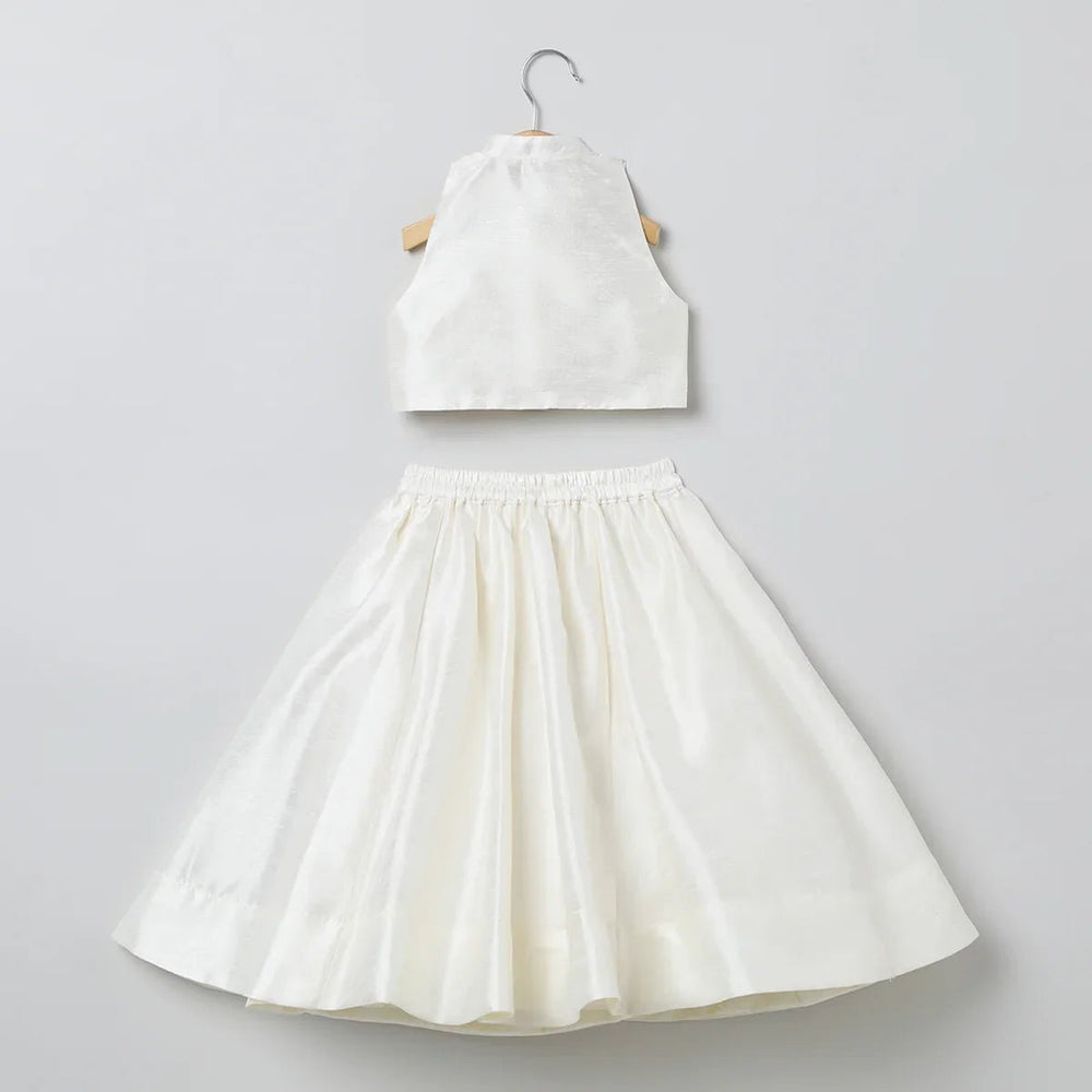 White Raw Silk Top Skirt Set for Girls with Red Heart Embroidery - BYB PREMIUM
