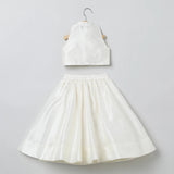 White Raw Silk Top Skirt Set for Girls with Red Heart Embroidery - BYB PREMIUM