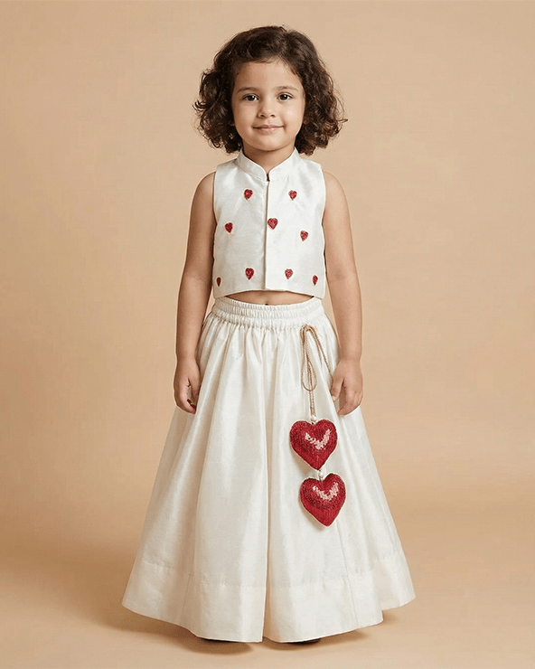 White Raw Silk Top Skirt Set for Girls with Red Heart Embroidery - BYB PREMIUM