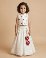 Load image into Gallery viewer, White Raw Silk Top Skirt Set for Girls with Red Heart Embroidery - BYB PREMIUM
