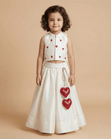 White Raw Silk Top Skirt Set for Girls with Red Heart Embroidery - BYB PREMIUM