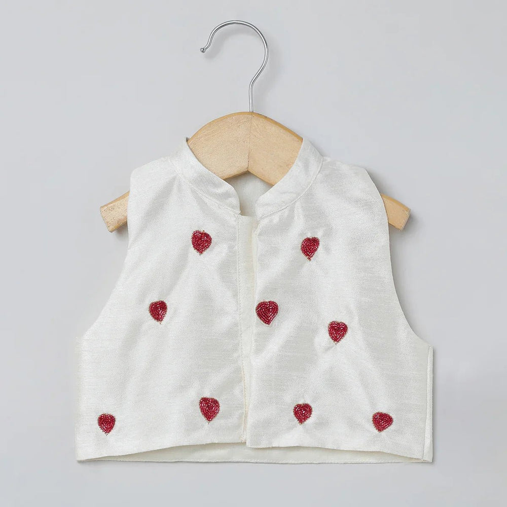 White Raw Silk Top Skirt Set for Girls with Red Heart Embroidery - BYB PREMIUM