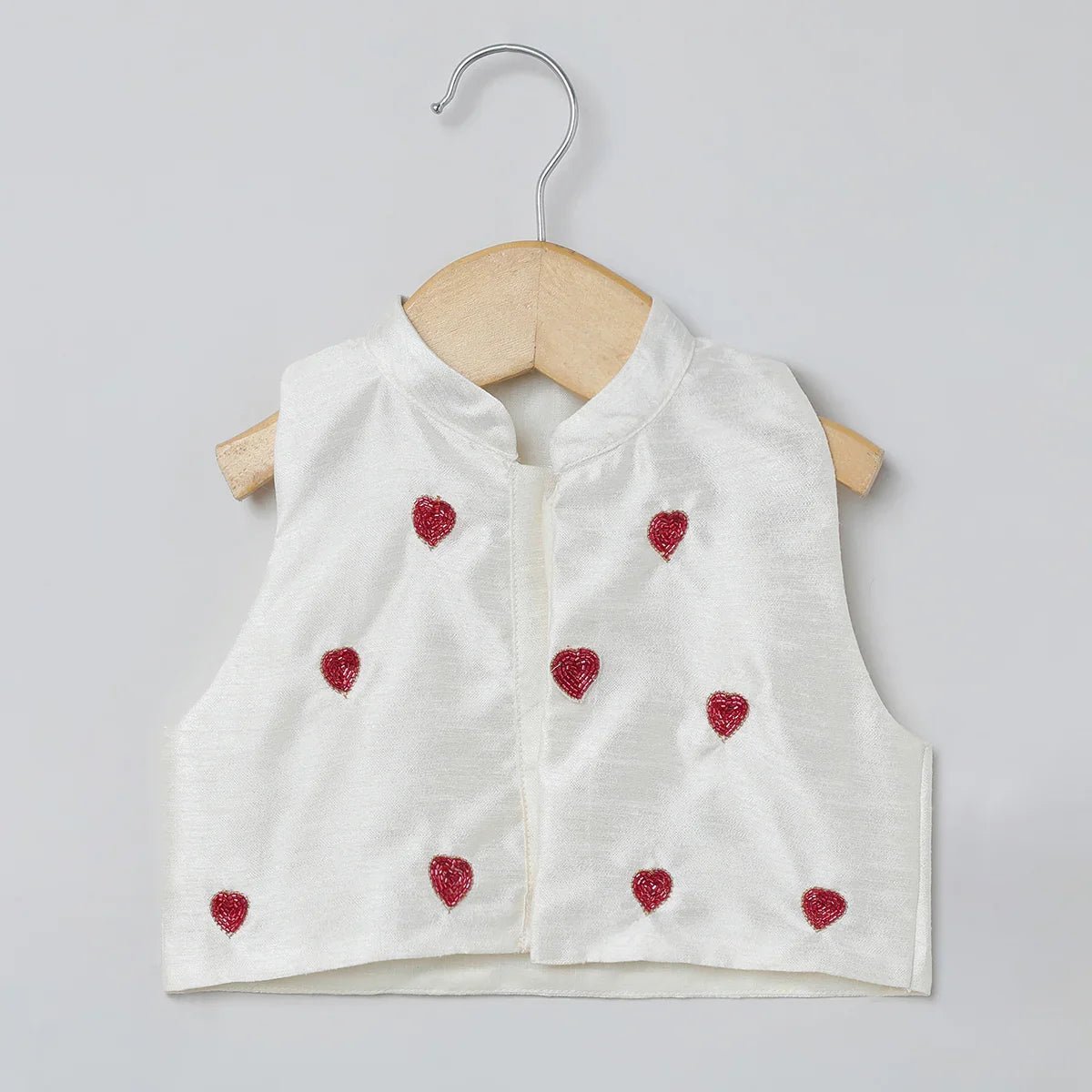 White raw silk top skirt set for girls with red heart embroidery   byb premium