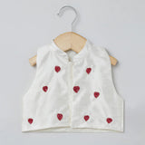 White Raw Silk Top Skirt Set for Girls with Red Heart Embroidery - BYB PREMIUM
