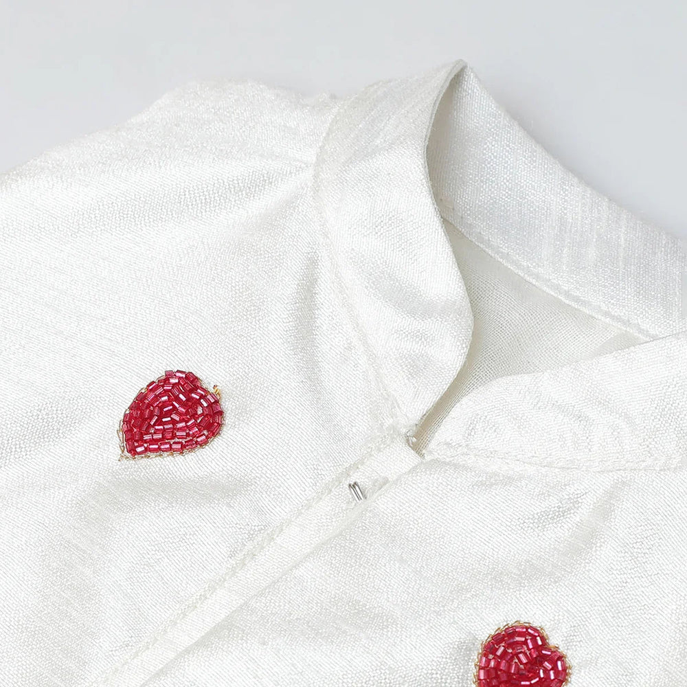 White Raw Silk Top Skirt Set for Girls with Red Heart Embroidery - BYB PREMIUM