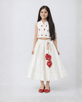 White Raw Silk Top Skirt Set for Girls with Red Heart Embroidery - BYB PREMIUM
