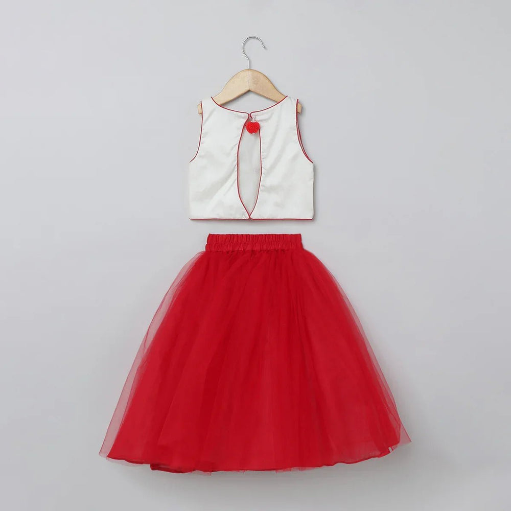 White & Red Heart Embroidered Top Skirt Set for Girls | Cotton & Tulle - BYB PREMIUM