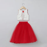 White & Red Heart Embroidered Top Skirt Set for Girls | Cotton & Tulle - BYB PREMIUM