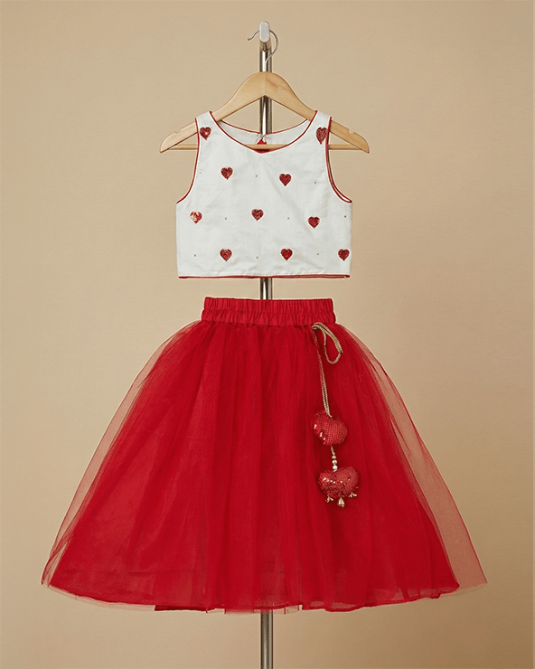 White & Red Heart Embroidered Top Skirt Set for Girls | Cotton & Tulle - BYB PREMIUM