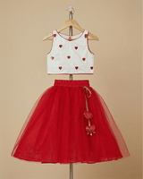 White & Red Heart Embroidered Top Skirt Set for Girls | Cotton & Tulle - BYB PREMIUM