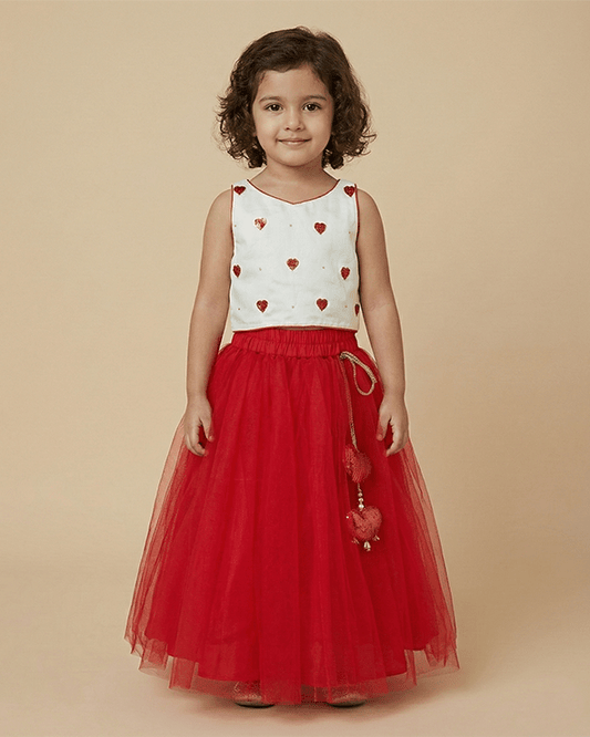 White & Red Heart Embroidered Top Skirt Set for Girls | Cotton & Tulle - BYB PREMIUM