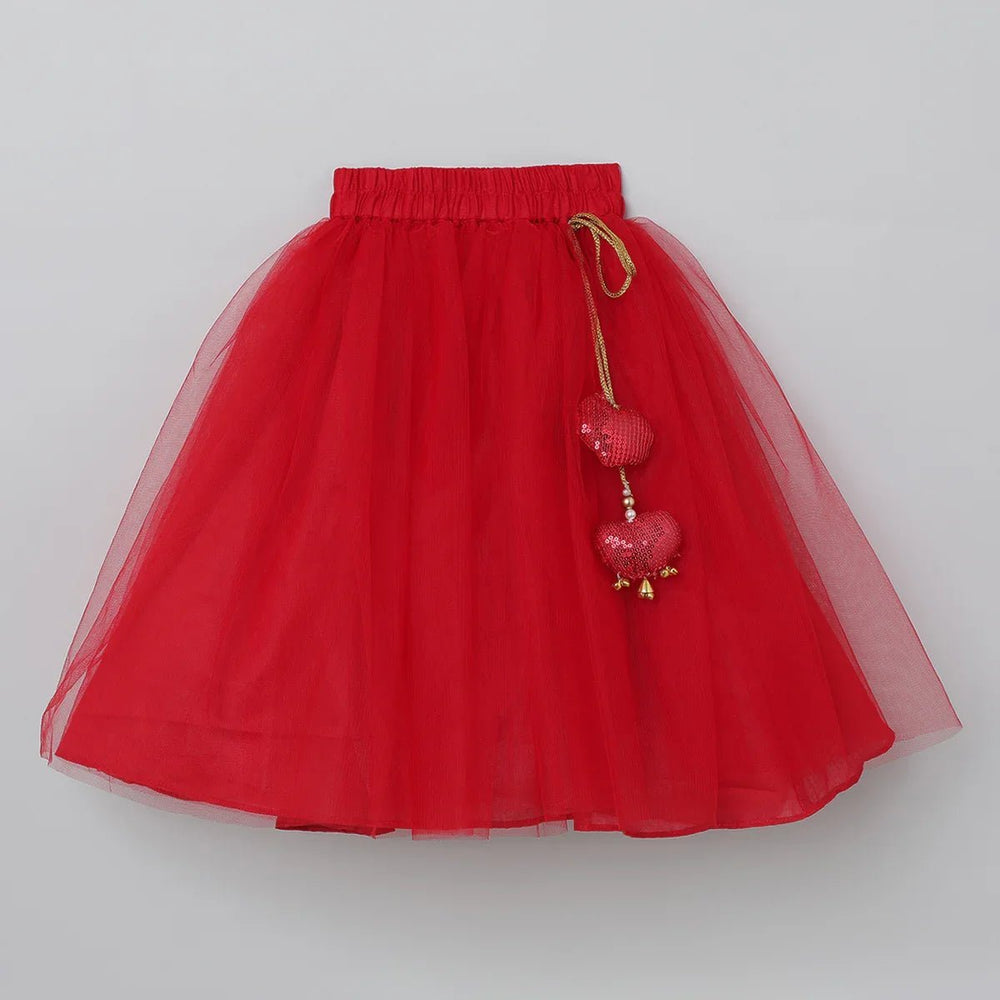 White & Red Heart Embroidered Top Skirt Set for Girls | Cotton & Tulle - BYB PREMIUM