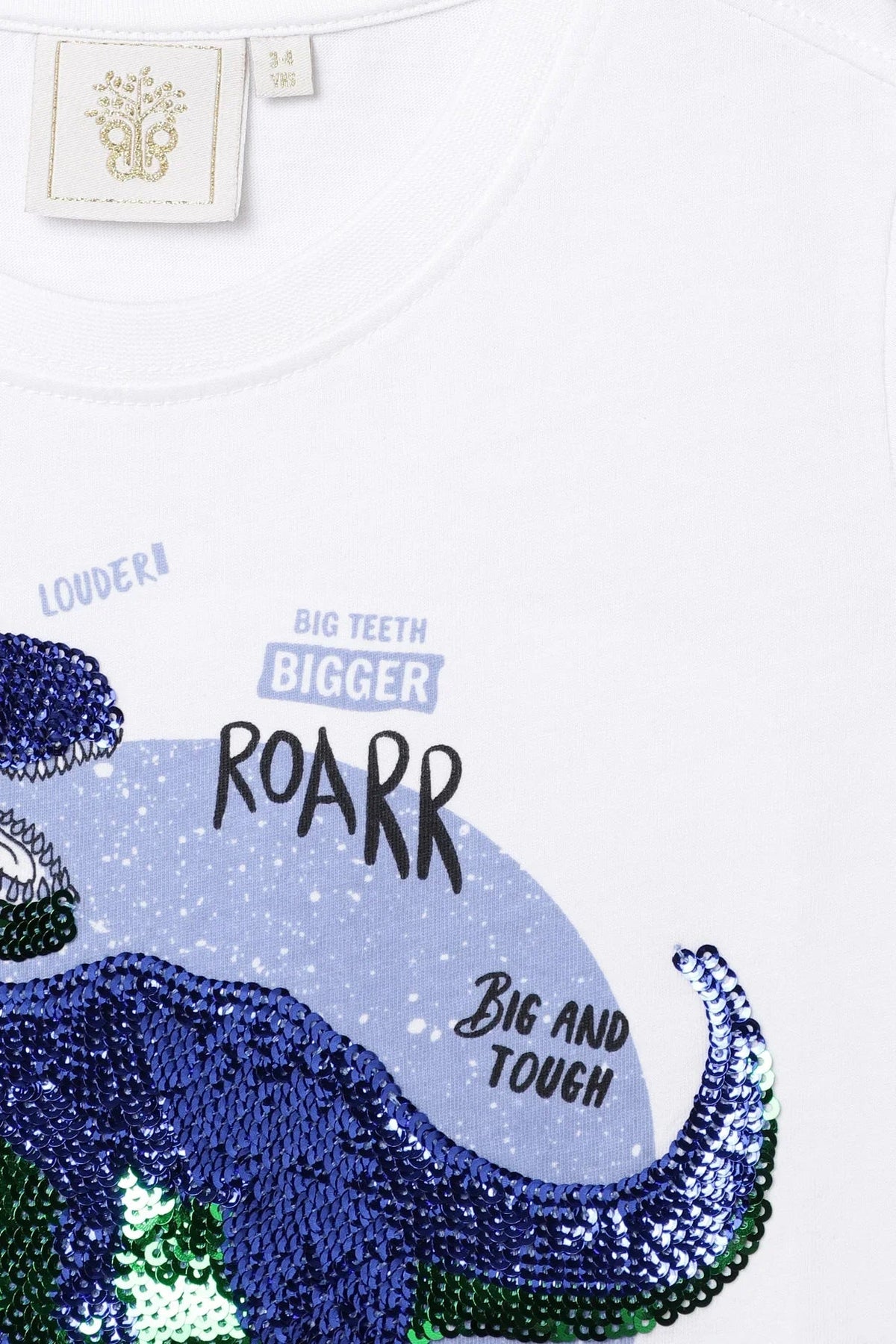 White sequin dinosaur graphic t shirt for kids   byb premium