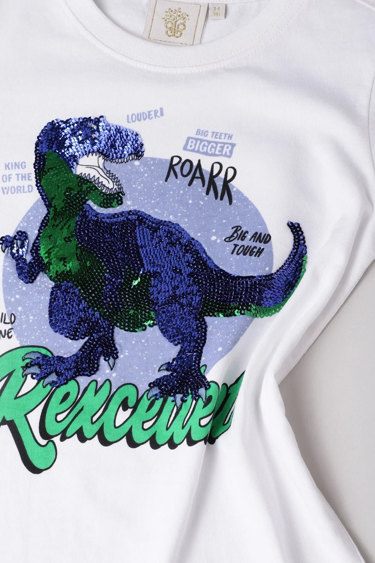 White sequin dinosaur graphic t shirt for kids   byb premium