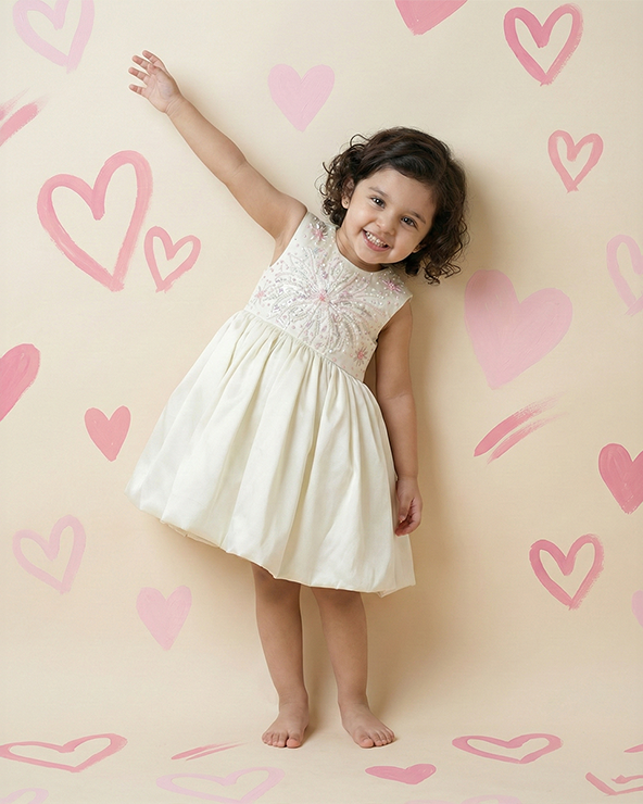 Off white satin girls party dress with hand bead embroidery