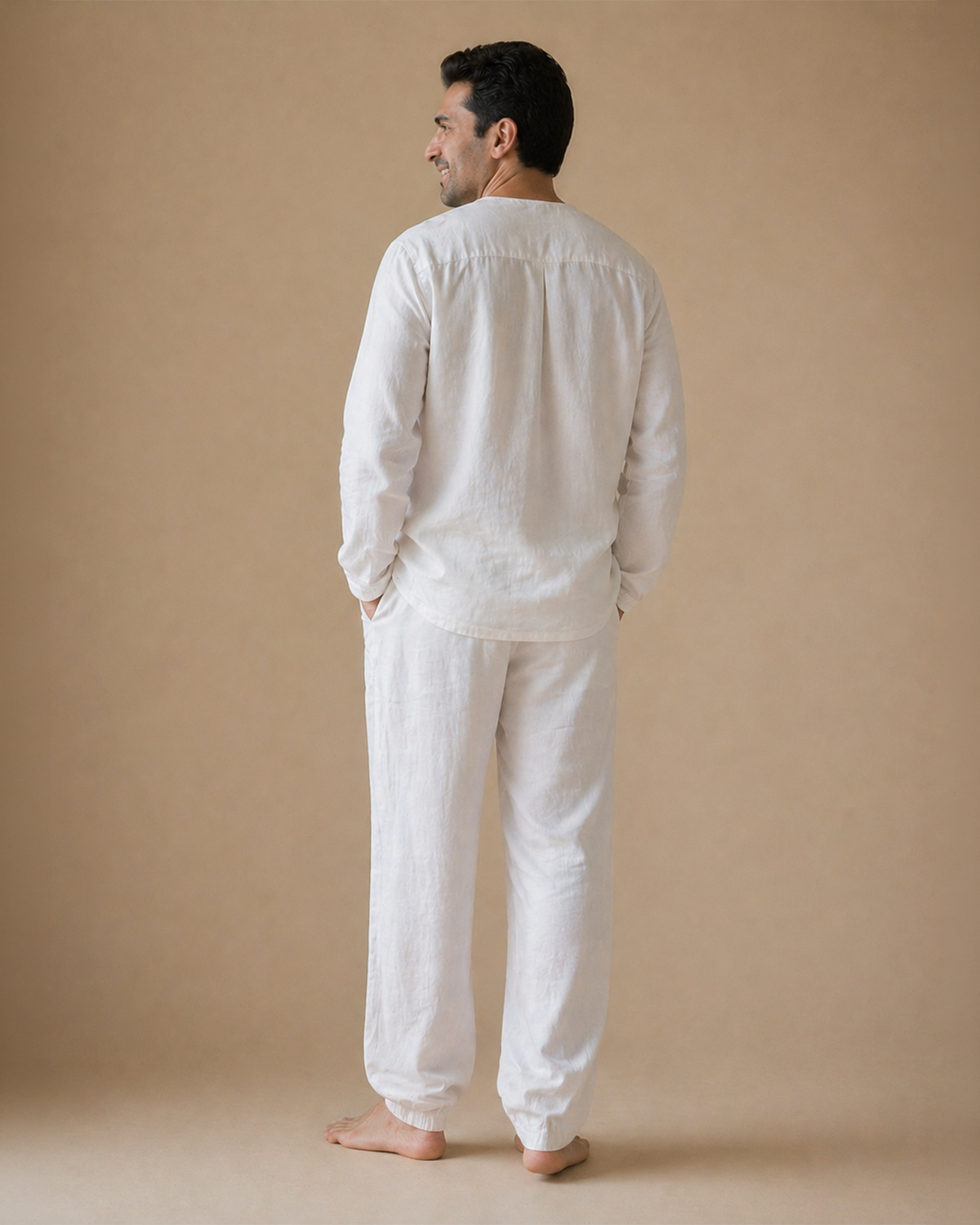 Men’s off white linen co ord set – v neck kurta top & pants